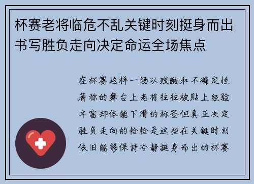 杯赛老将临危不乱关键时刻挺身而出书写胜负走向决定命运全场焦点 杯赛老将临危不乱关键时刻挺身而出书写胜负走向决定命运全场焦点
