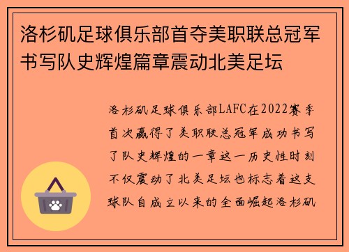 洛杉矶足球俱乐部首夺美职联总冠军书写队史辉煌篇章震动北美足坛 洛杉矶足球俱乐部首夺美职联总冠军书写队史辉煌篇章震动北美足坛
